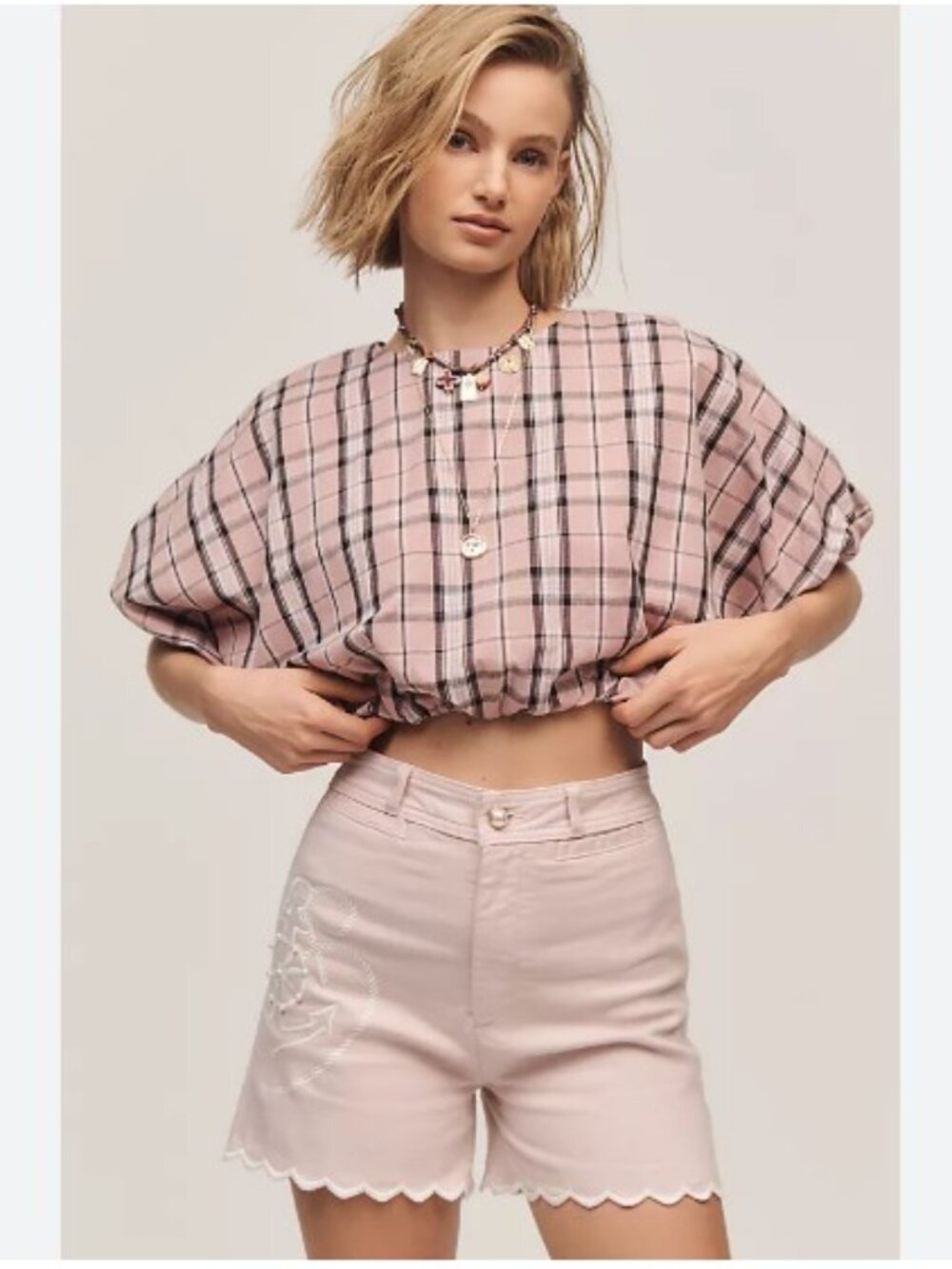 Maeve Ettie High-Rise Scallop Hem Embroidered Shorts in Heather Grey-Size 27-NWT